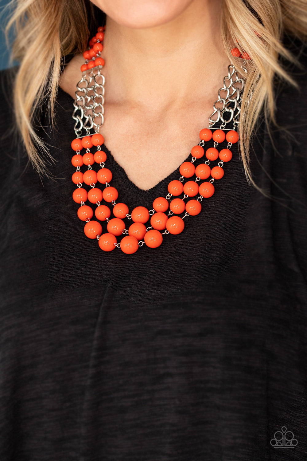 A LA VOGUE - ORANGE BEADS MULTI LAYER SILVER NECKLACE