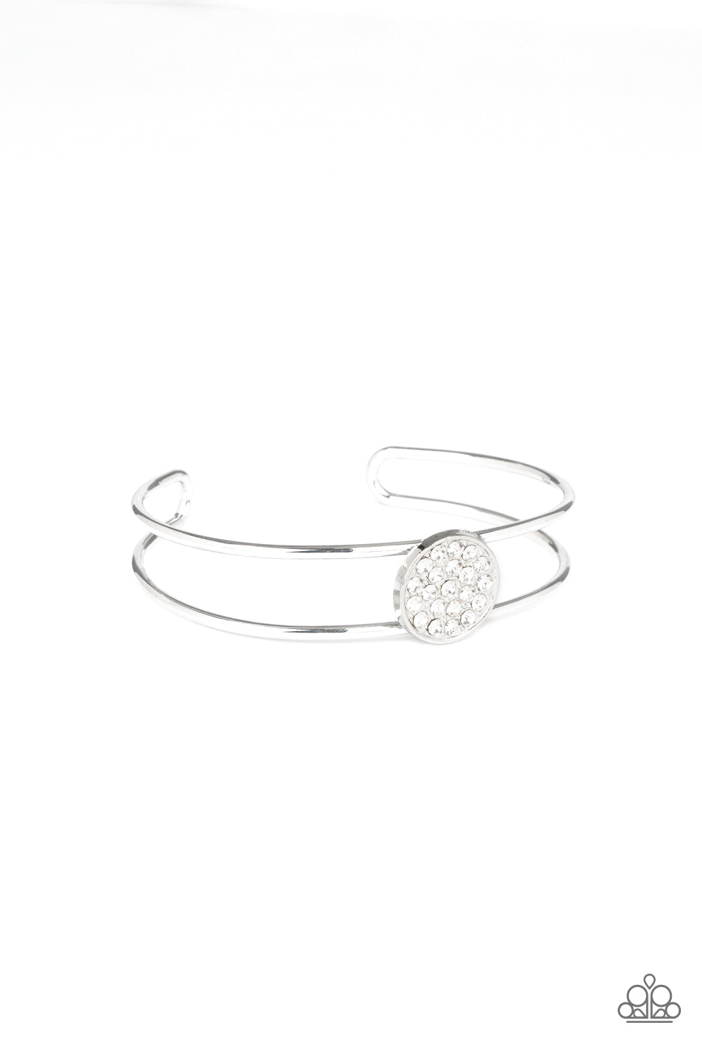 DIAL UP THE DAZZLE - WHITE DAINTY RHINESTONES DISC SILVER CUFF BRACELET