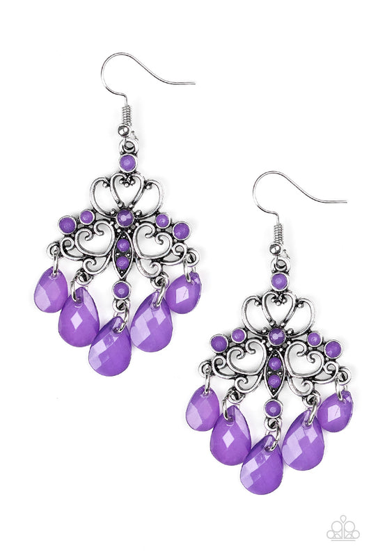 DIP IT GLOW - PURPLE TEARDROP FACETED BEADS SILVER FILIGREE CHANDELIER EARRINGS