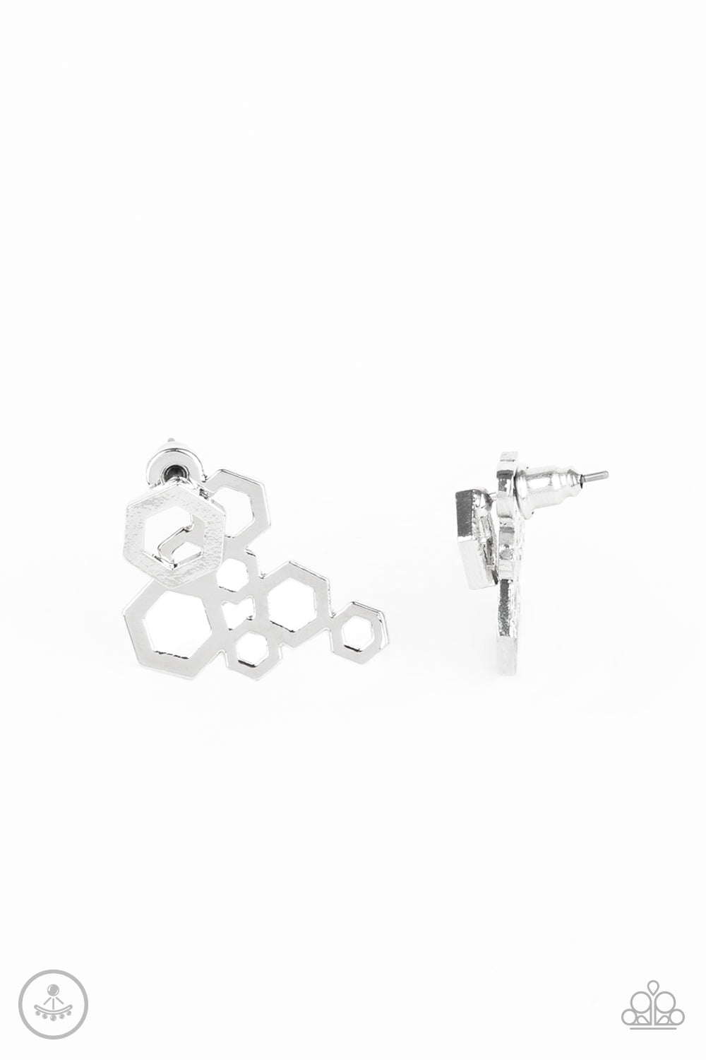 SIX-SIDED SHIMMER - SILVER HEXAGON CLUSTER BUBBLES DOUBLE POST JAKET EARINGS