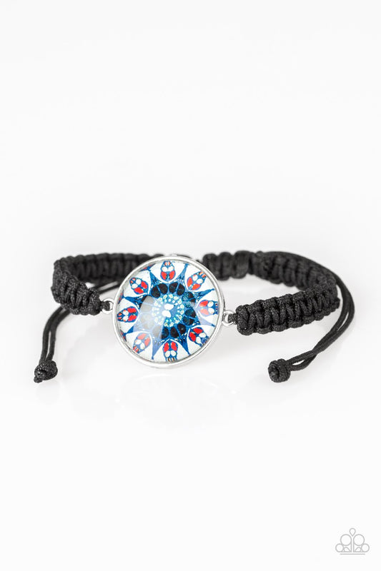 TROPIC TOPIC - BLUE ACRYLIC DOME BLACK MACRAME PULL CORD BRACELET