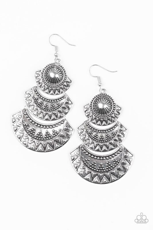 IMPRESSIVELY EMPRESS - SILVER CRESCENTS HINGED TEXTURED TRIBAL EARRINGS