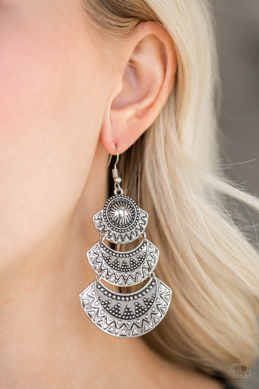 IMPRESSIVELY EMPRESS - SILVER CRESCENTS HINGED TEXTURED TRIBAL EARRINGS