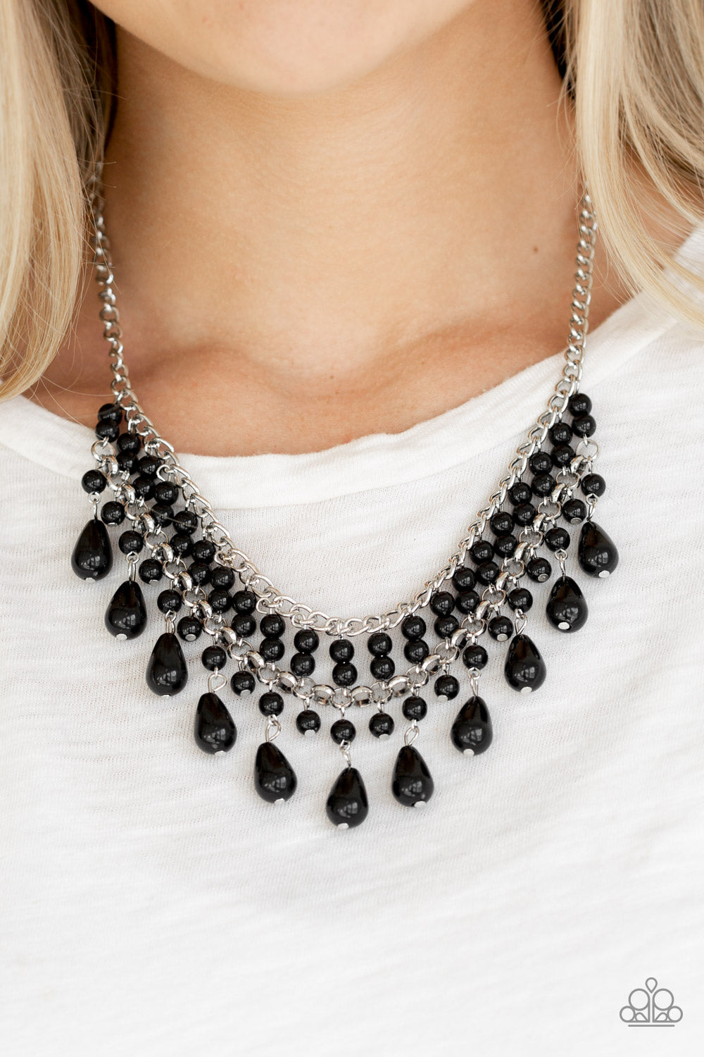 THE GUEST LIST - BLACK TEARDROP BEADS FRINGE NECKLACE