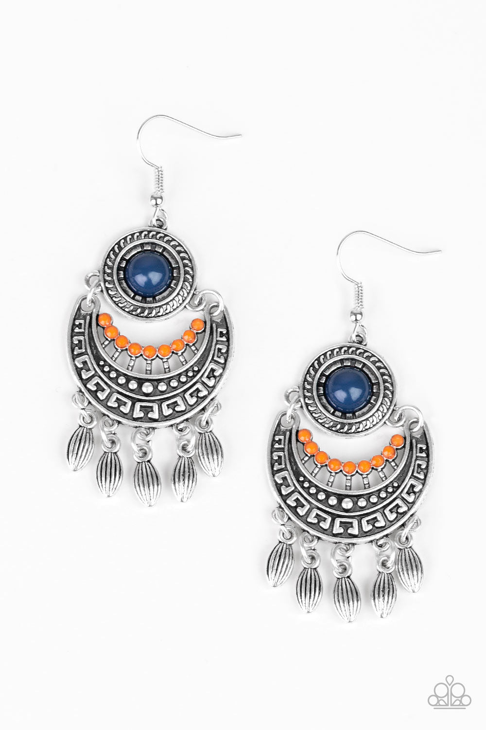 MANTRA TO MANTRA - MULTI BLUE ORANGE BEADS TRIBAL ETCHED SILVER FRINGE EARRINGS