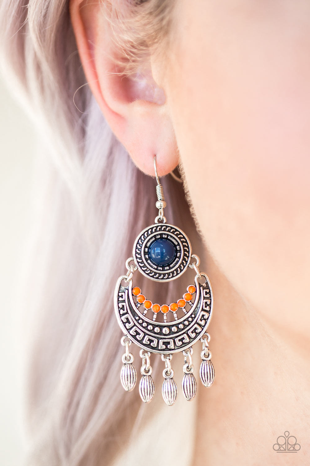 MANTRA TO MANTRA - MULTI BLUE ORANGE BEADS TRIBAL ETCHED SILVER FRINGE EARRINGS