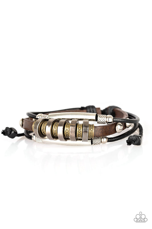 URBAN BACKPACKER - BLACK BROWN LEATHER SILVER BRASS GUNMETAL PULL CORD BRACELET