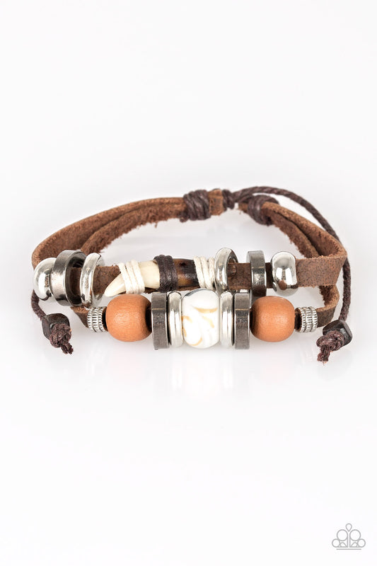 TRAIL TROTTER - BROWN LEATHER SUEDE ORANGE WHITE SILVER BEADS PULL CORD BRACELET