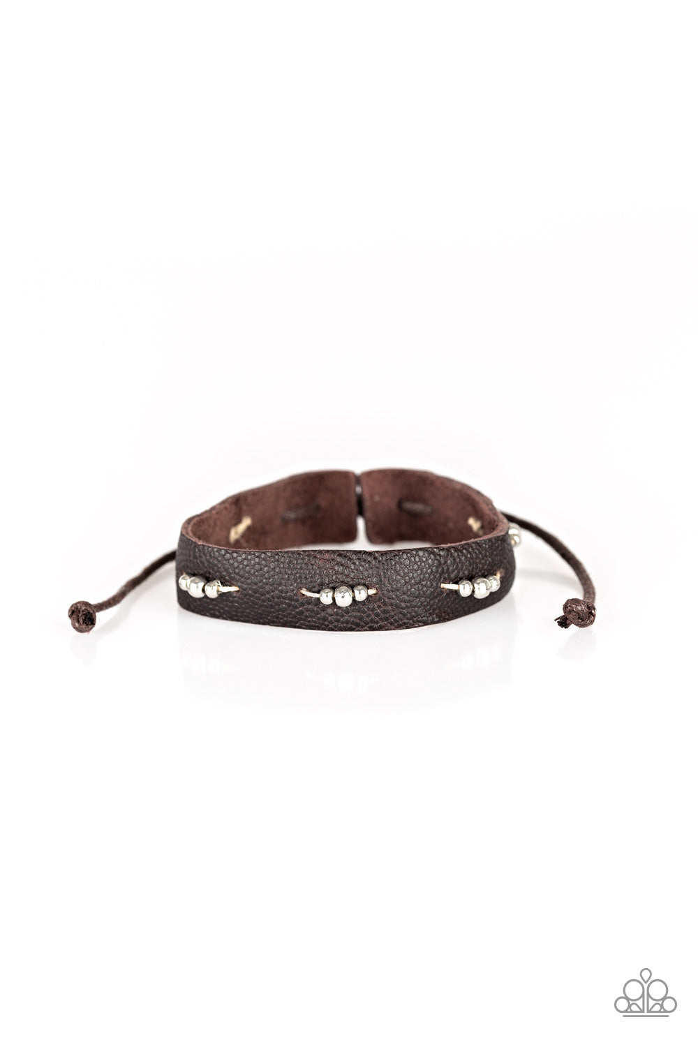 ADVENTURES IN WANDER-LAND - BROWN LEATHER SILVER BEADS DRAW STRING URBAN BRACELET