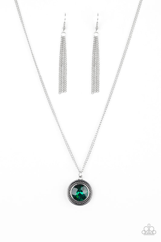 MEGA MONEY - GREEN EMERALD RHINESTONE SOLITAIRE NECKLACE