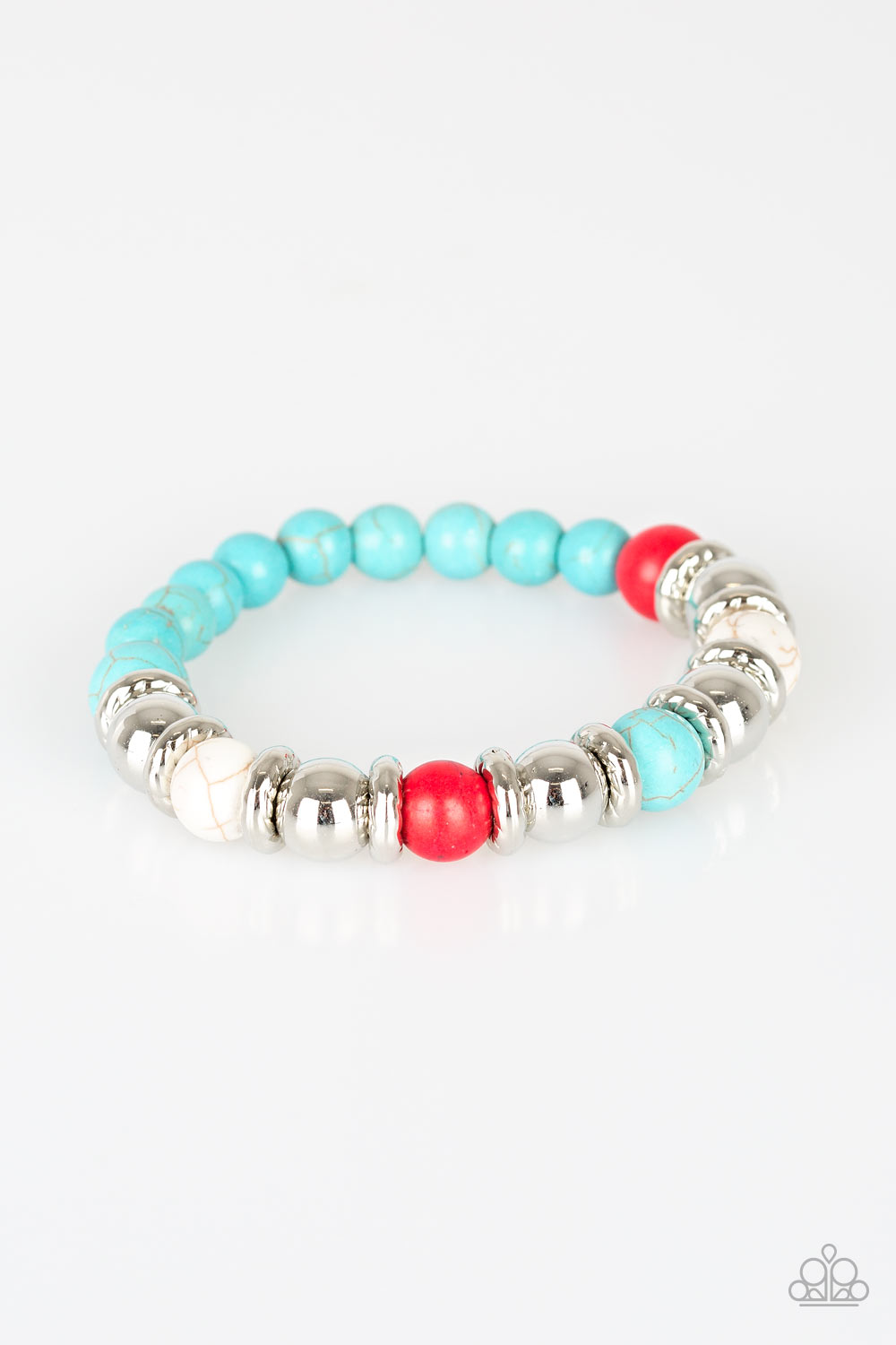 ACROSS THE MESA - MULTI RED BLUE WHITE  POLISHED NATURAL CRACKLE STONE STRETCH BRACELET