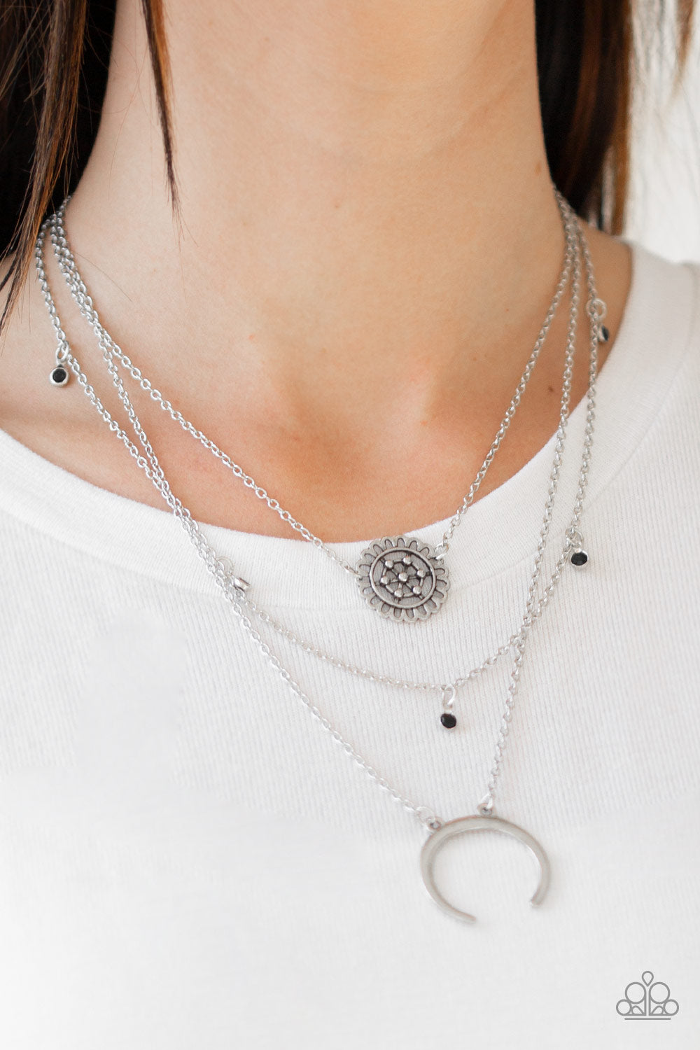 LUNAR LOTUS - BLACK CRESCENT MOON SUN DIAL CHARM MULTI LAYER DAINTY NECKLACE