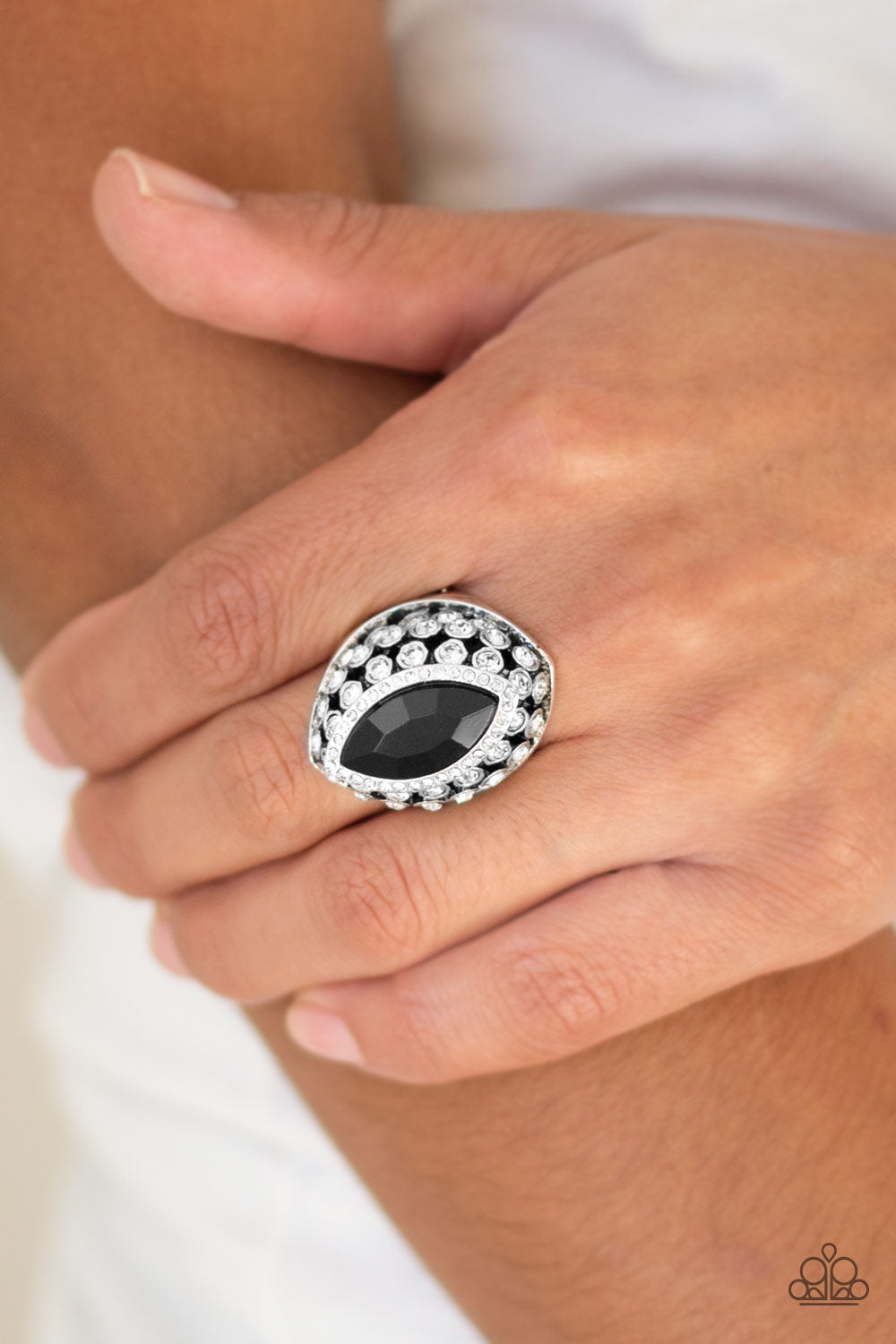 ROYAL RADIANCE - BLACK MARQUISE ONYX RHINESTONE FOOTBALL RING