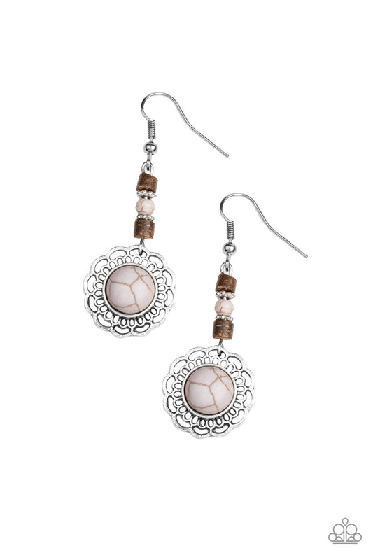 DESERT BLISS - SILVER GRAY TURQUOISE WOODEN BEADS FLOWER FLORAL EARRINGS