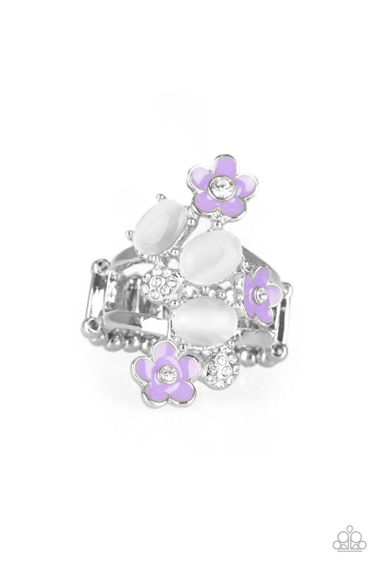 DAISY DELIGHT - PURPLE ENAMEL FLOWERS WHITE MOONSTONES RING