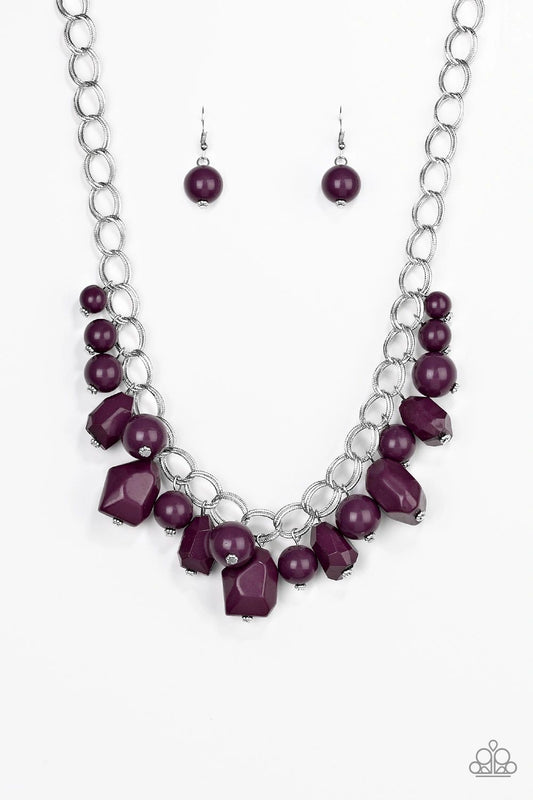 GORGEOUSLY GLOBETROTTER - PURPLE BEADS ACRYLIC FRINGE NECKLACE