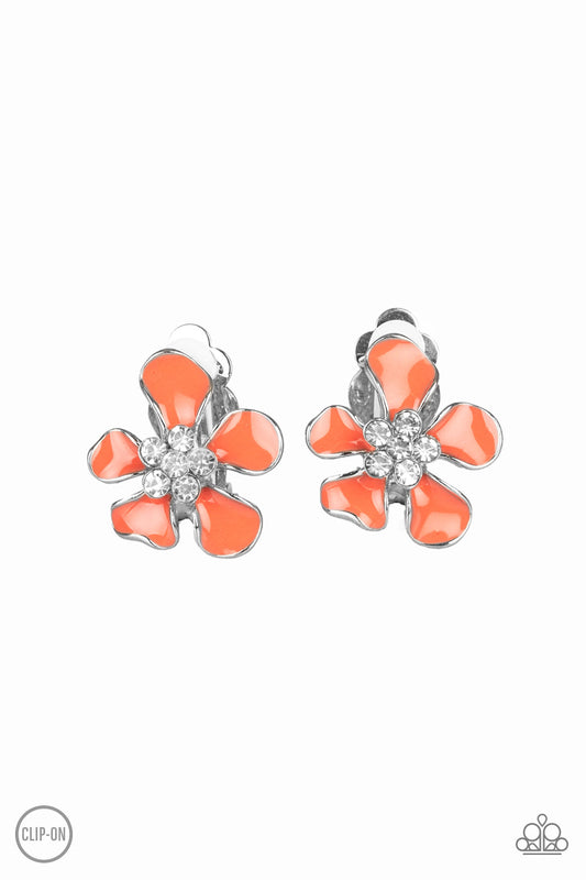 ISLAND IRIS - ORANGE ENAMEL FLOWER CLEAR RHINESTONES CLIPON EARRINGS