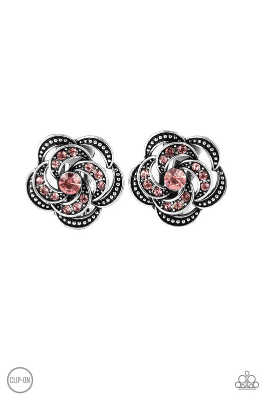 GARDEN GLITTER - PINK RHINESTONES SILVER FLOWER CLIP ON EARRINGS