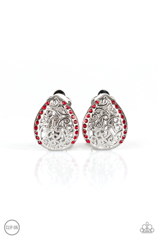 GARDEN DATE - RED RUBY RHINESTONE SILVER TEARDROP FILIGREE CLIPON EARRINGS