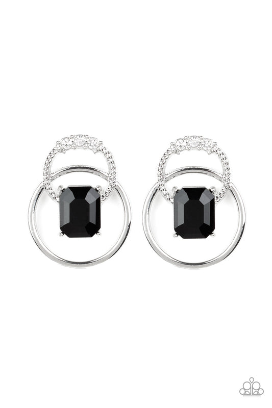 DANGEROUSLY DAPPER - BLACK ONLYX RECTANGLE RHINESTONES SILVER HOOPS DAINTY POST EARRINGS