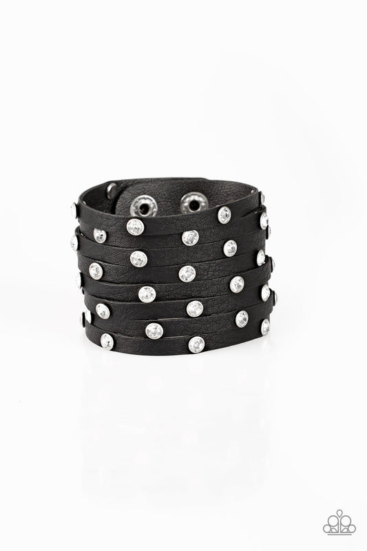SASS SQUAD - BLACK SLIT LEATHER WHITE RHINESTONES WRAP BRACELET