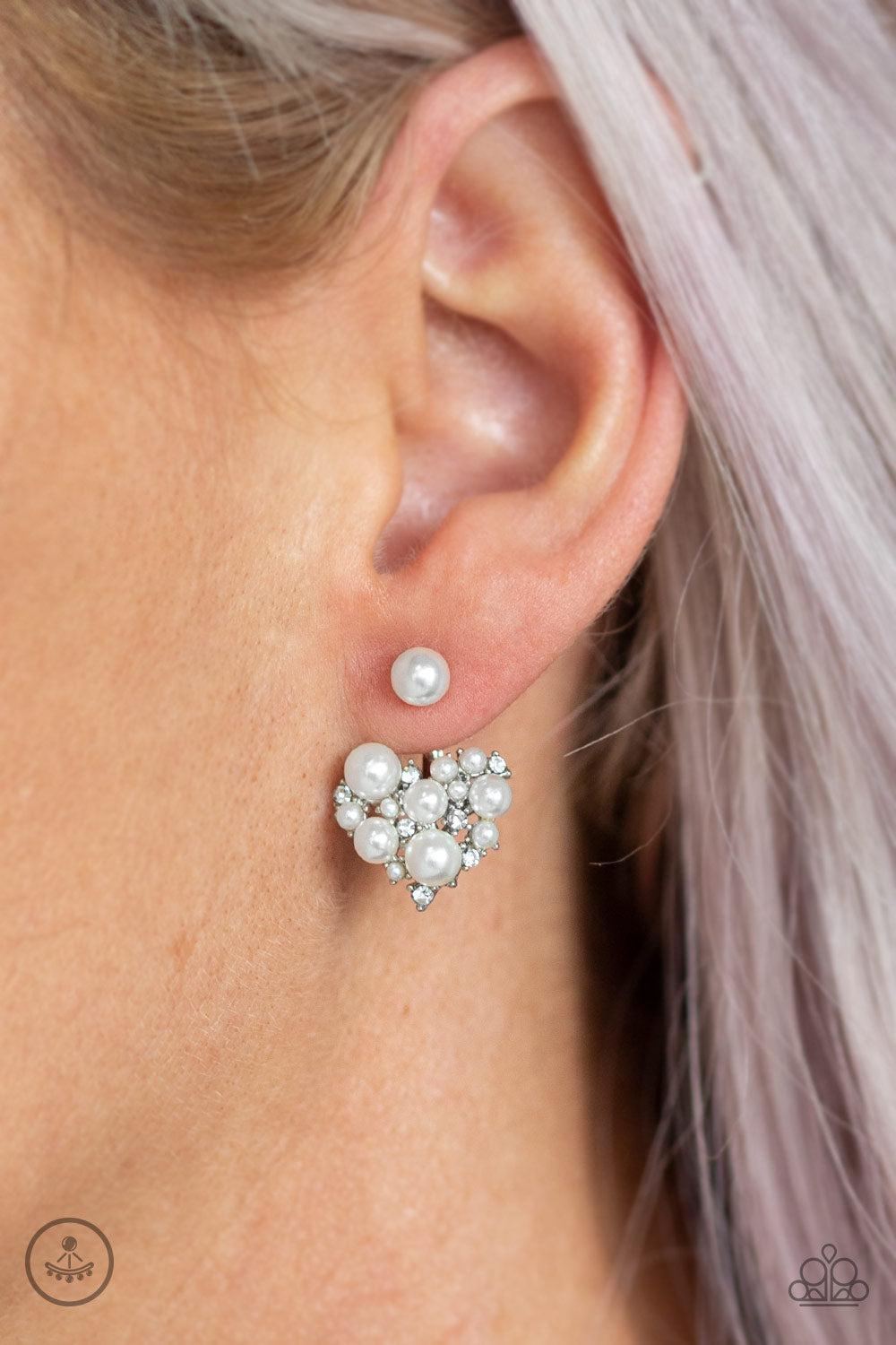 STAR-STUDDED SUCCESS - WHITE PEARLS HEART DOUBLE POST EAR JACKET EARRINGS