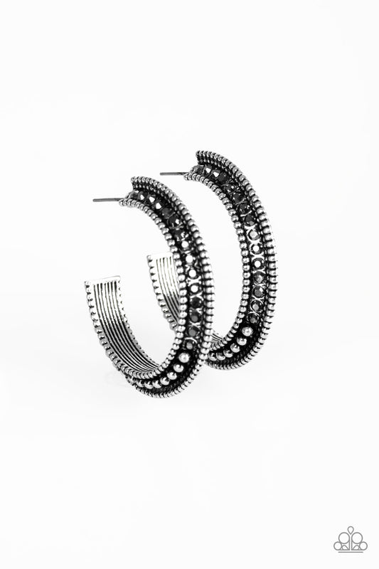 RETRO REVERBERATION - SILVER HEMATITE RHINESTONES HOOP EARRINGS