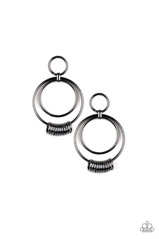 RETRO REVOLUTION - BLACK GUNMETAL DOUBLE HOOP SLIDING RINGS EARRINGS