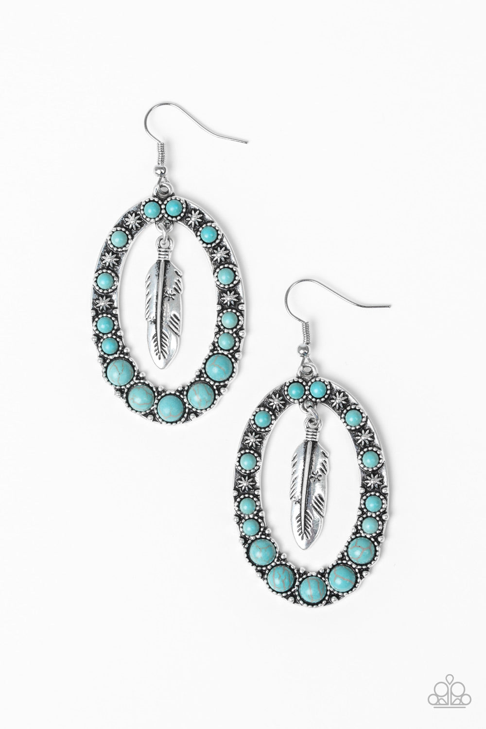 PUT UP A FLIGHT - BLUE TURQUOISE ENCRUSTED SILVER OVAL FLOATING FEATHER EARRINGS