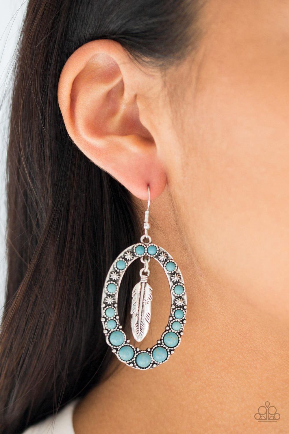 PUT UP A FLIGHT - BLUE TURQUOISE ENCRUSTED SILVER OVAL FLOATING FEATHER EARRINGS
