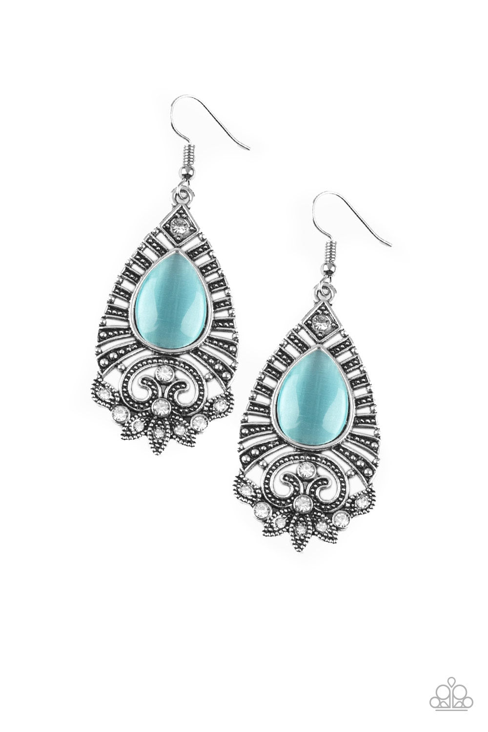 MAJESTICALLY MALIBU - BLUE MOONSTONE TEARDROP SILVER TEXTURED FRAME PENDANT EARRINGS