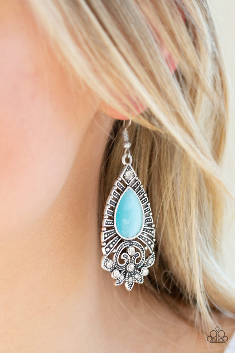 MAJESTICALLY MALIBU - BLUE MOONSTONE TEARDROP SILVER TEXTURED FRAME PENDANT EARRINGS