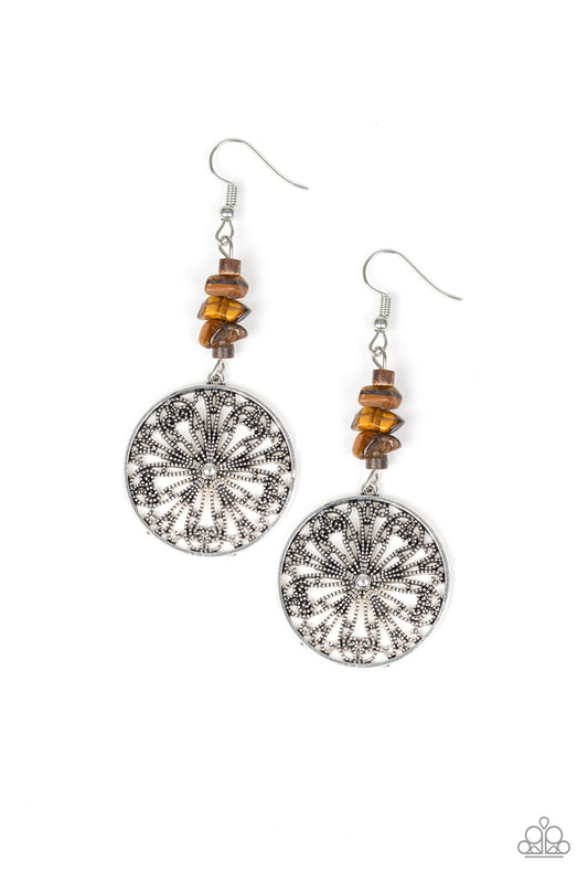 ADOBE DWELLER - BROWN TIGER'S EYE SILVER FLOWER FLORAL PENDANT EARRINGS