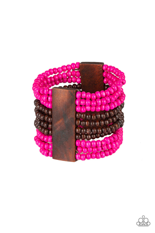 JAMAICAN ME JAM - PINK BROWN TAB SEEDBEAD WOODEN STRETCH BRACELET