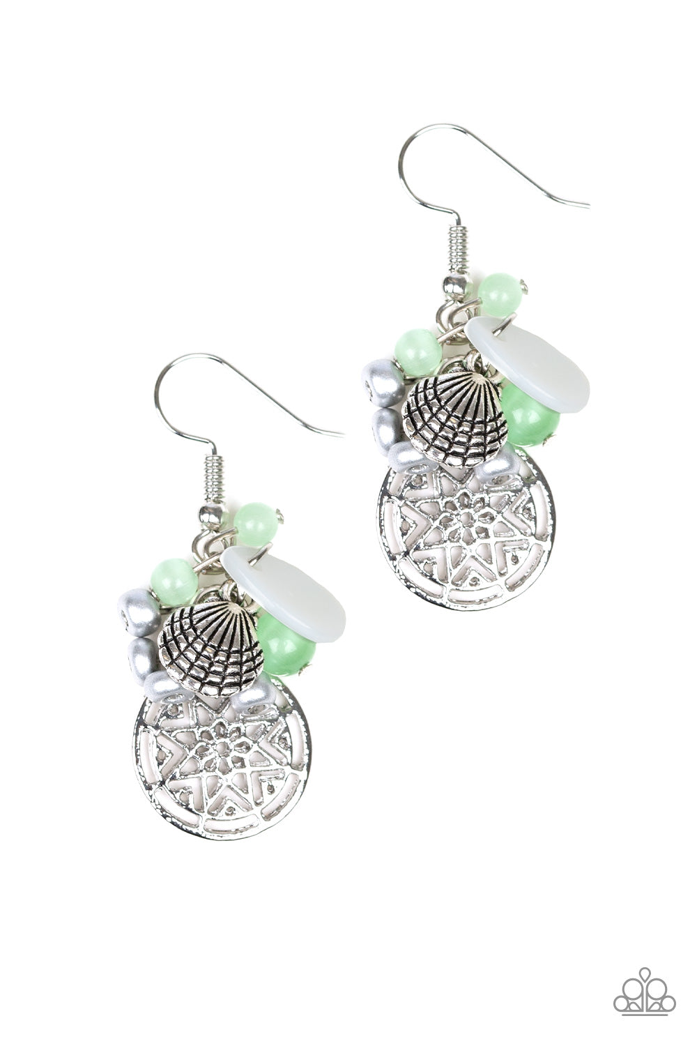 OCEAN ORACLE - GREEN MOONSTONE SHELLS SEASHELL BEACHY EARRINGS