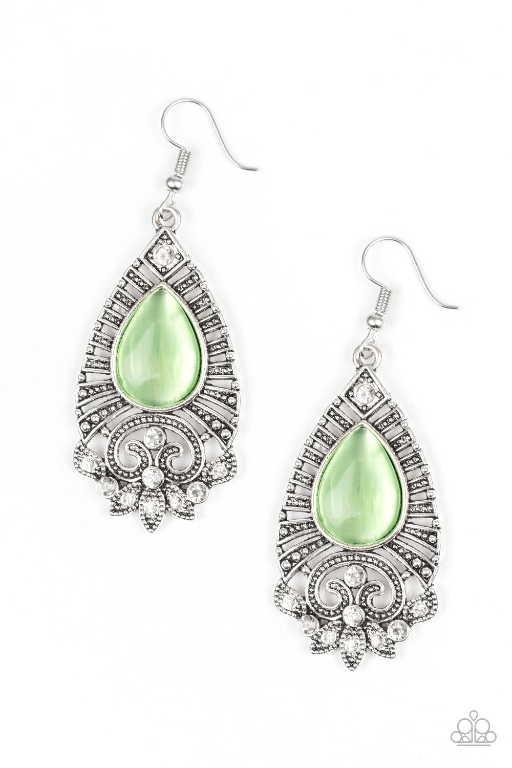 MAJESTICALLY MALIBU - GREEN MOONSTONE TEARDROP SILVER TEXTURED FRAME PENDANT EARRINGS