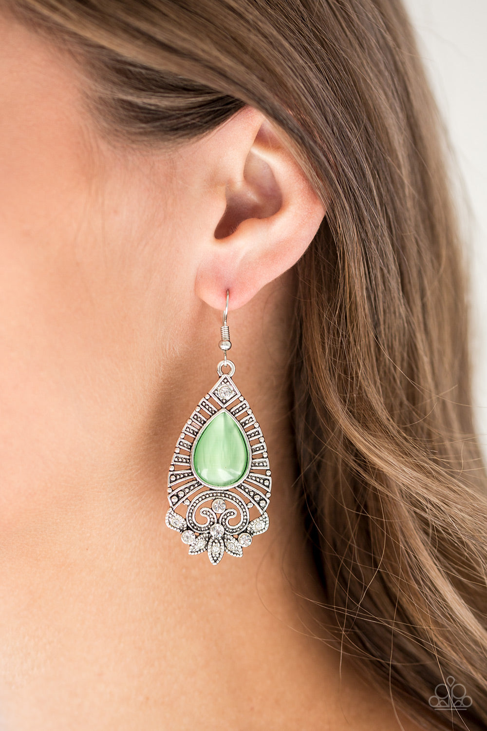MAJESTICALLY MALIBU - GREEN MOONSTONE TEARDROP SILVER TEXTURED FRAME PENDANT EARRINGS