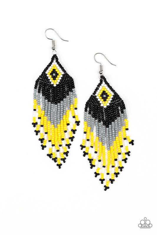 WIND BLOWN WANDERER - MULTI YELLOW GRAY BLACK WHITE SEEDBEAD EARRINGS
