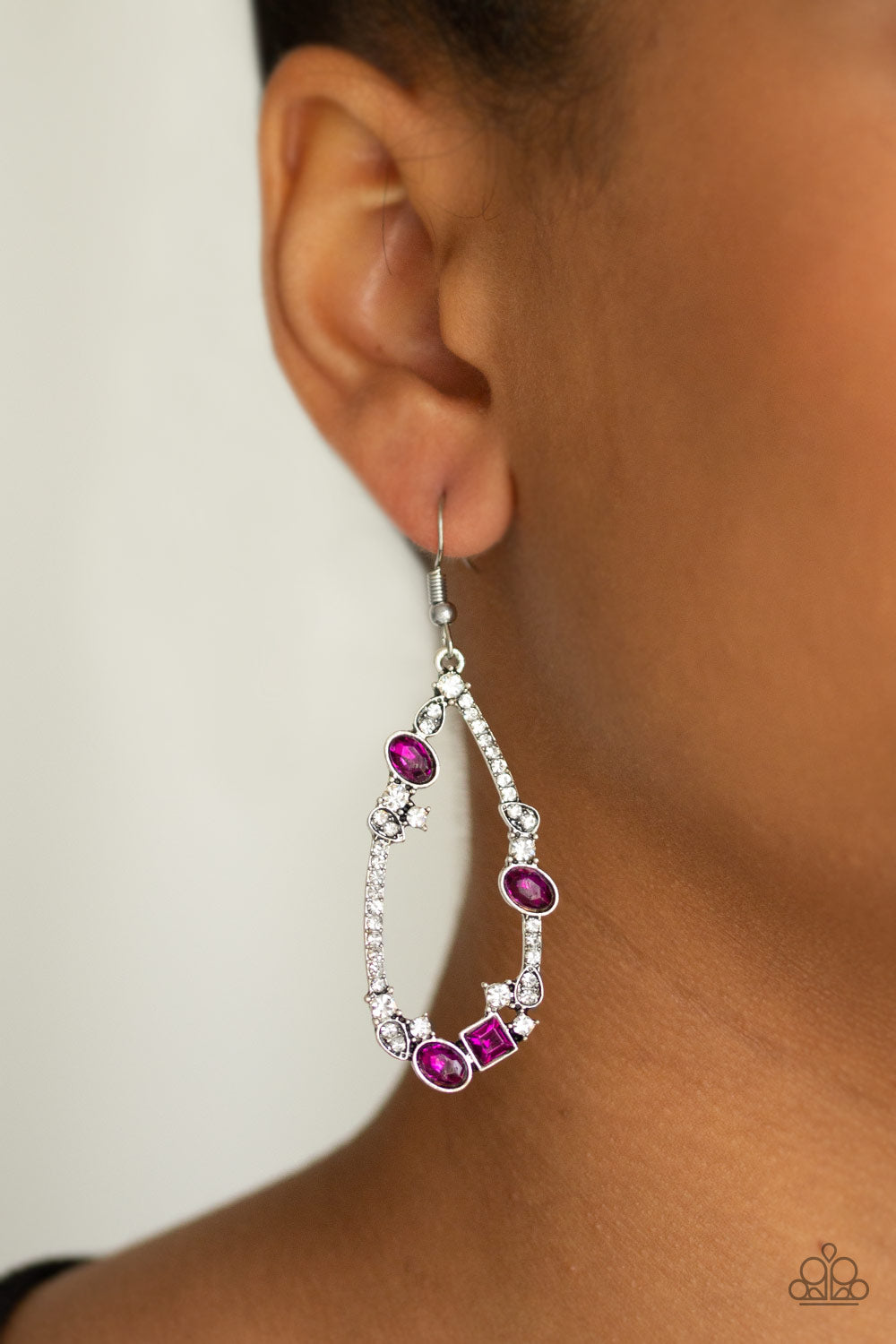 QUITE THE COLLECTION - PINK SILVER TEARDROP HOT PINK RHINESTONES PENDANT EARRINGS