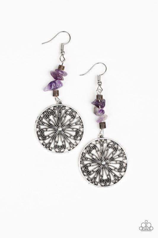 ADOBE DWELLER - PURPLE AMETHYST CHIPS SILVER FLOWER FLORAL PENDANT EARRINGS