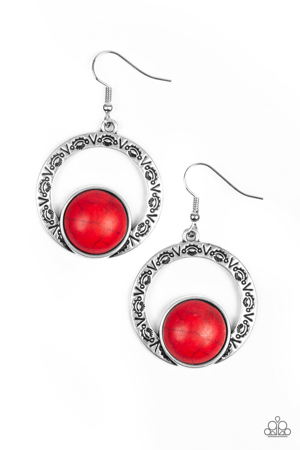 MESA MOOD - RED TURQUOISE SILVER TEXTURED CIRCLE HOOP EARRINGS