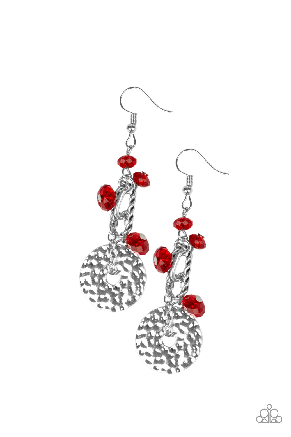 SEASIDE CATCH - RED CRYSTALS TEXTURED SILVER EARRINGS