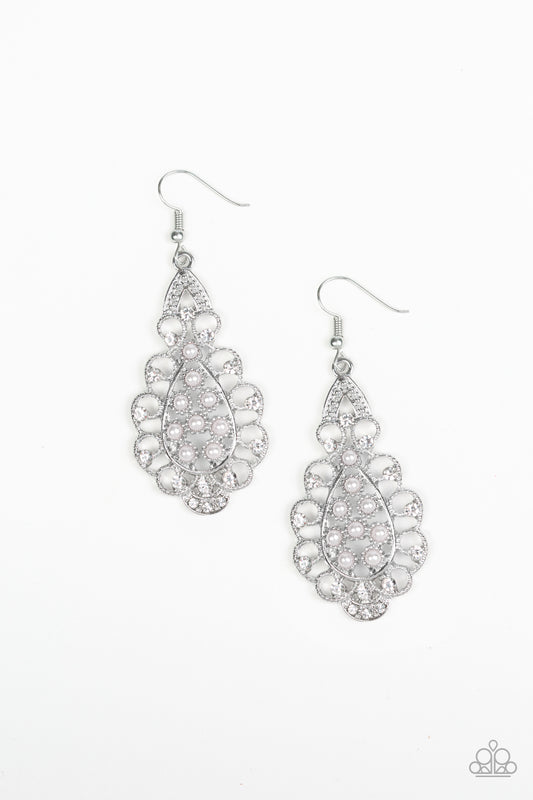 SPRINKLE ON THE SPARKLE - WHITE PEARLS SILVER SCALLOPED DAINTY EARRINGS