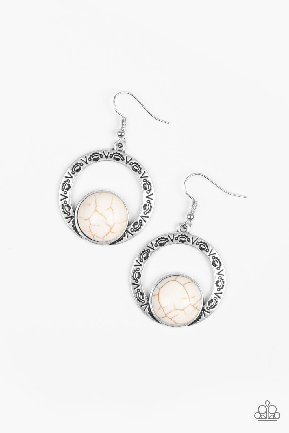 MESA MOOD - WHITE TURQUOISE SILVER TEXTURED CIRCLE HOOP EARRINGS