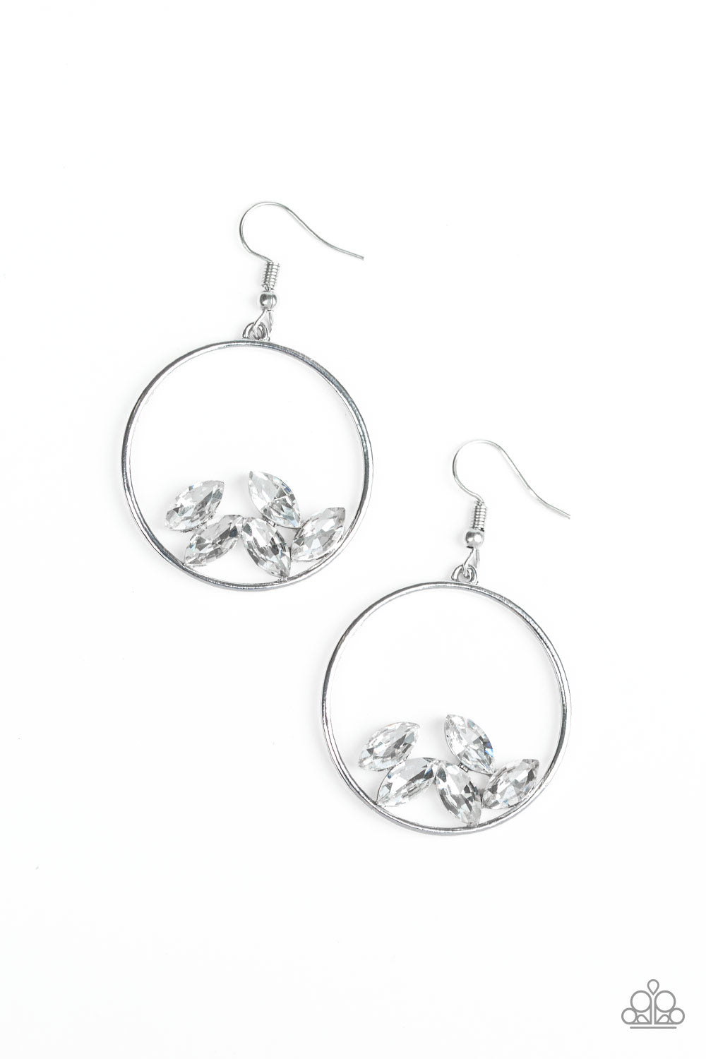 CUE THE CONFETTI - WHITE CRYSTALS TUMBLING CIRCLE HOOP EARRINGS