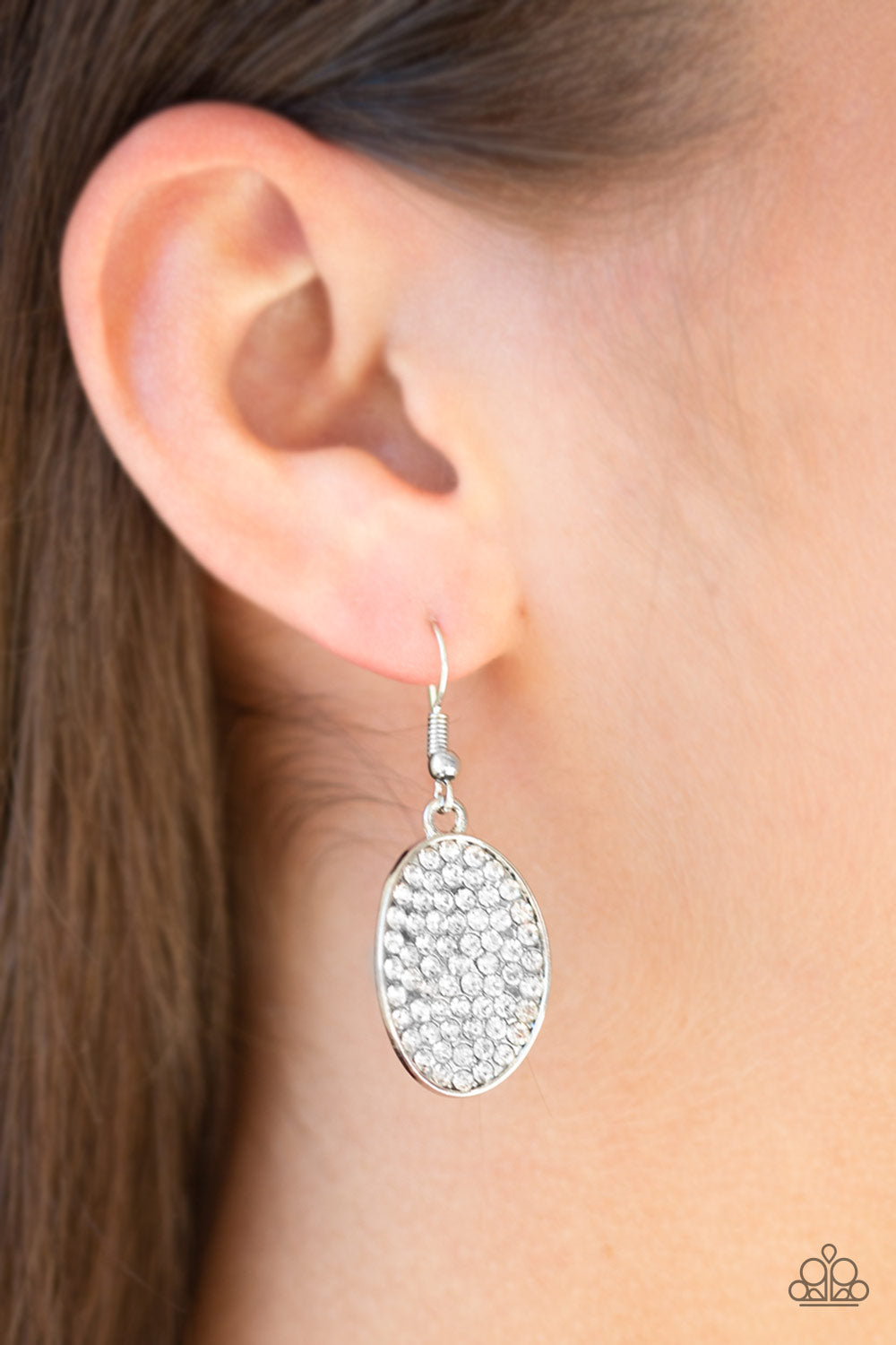 ALL DAZZLE - WHITE ASYMETRICAL OVAL CLEAR RHINESTONES ENCURSTED DAINTY EARRINGS