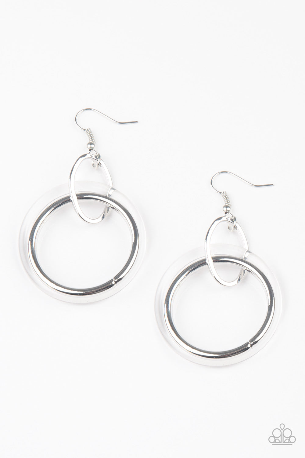 CIRCUS CIRCUIT - WHITE CLEAR ACRYLIC SILVER CIRCLES DOUBLE HOOP EARRINGS