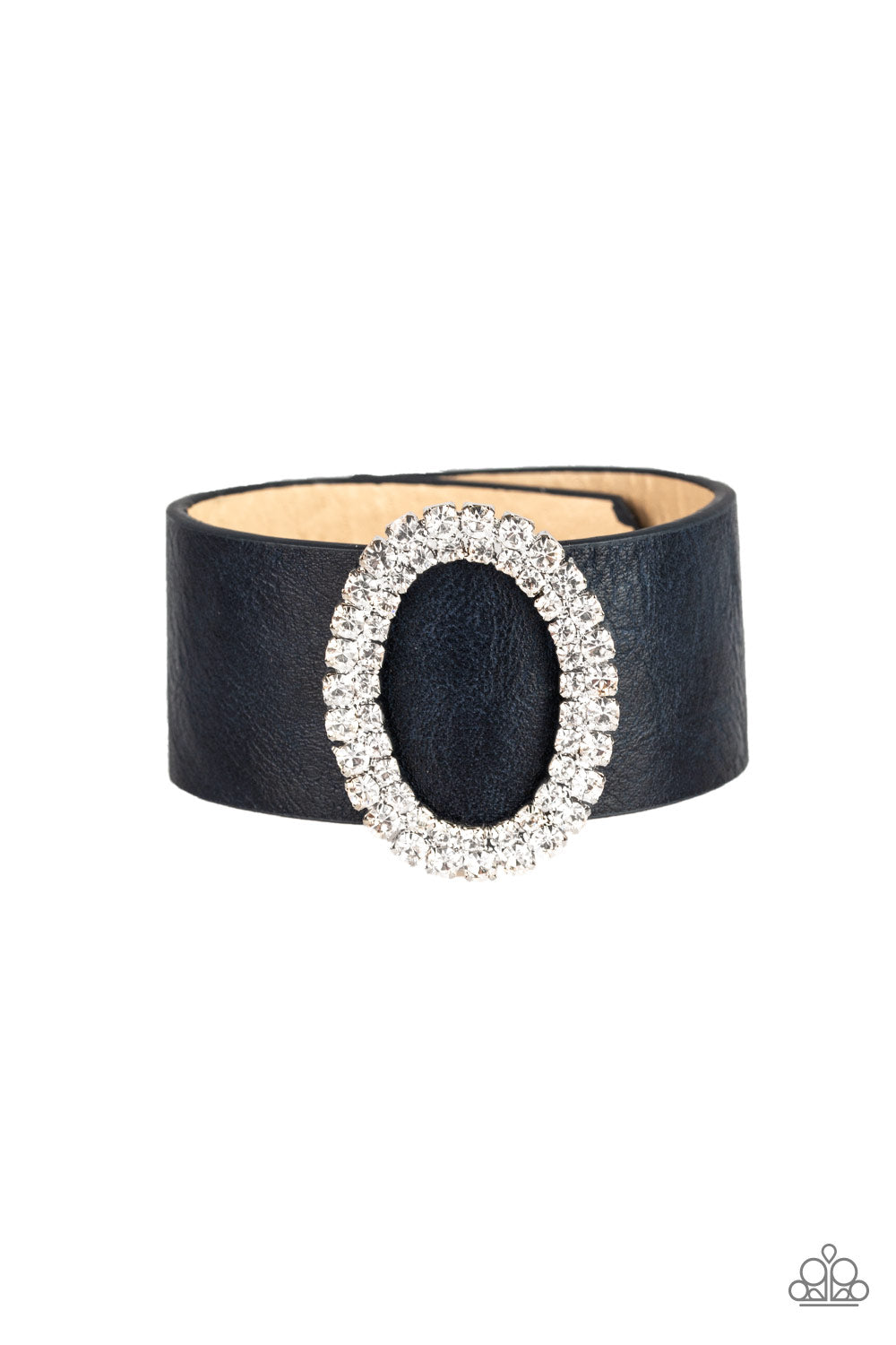 CENTER STAGE STARLET - BLUE LEATHER OVAL RHINESTONES BUCKLE WRAP BRACELET