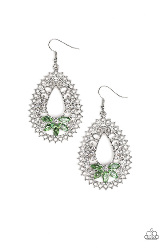 INSTANT REFLECT - GREEN APPLE GREEN RHINESTONES TEARDROP SILVER EARRINGS