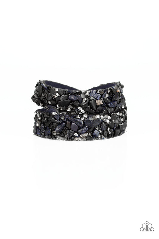CRUSH HOUR - BLUE FELT ROCK HEMATITE RHINESTONES DOUBLE WRAP BRACELET